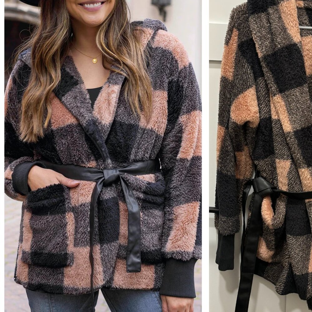 Grace & Lace Fuzzy Fleece Hooded Plaid Wrap Jacket (L/XL)